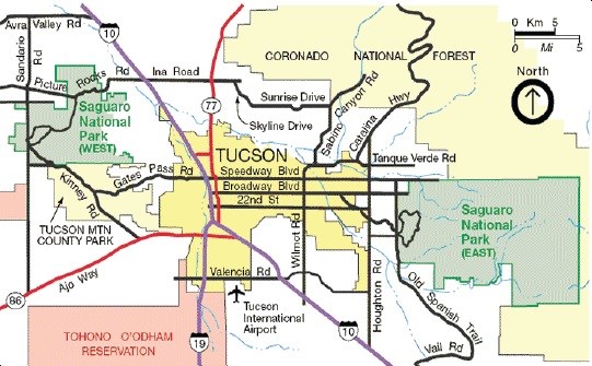 Simplified map of Tucson showing the east and west districts of Saguaro National Park, the Tohono O'odham Reservation, other public land, and the city of Tucson.