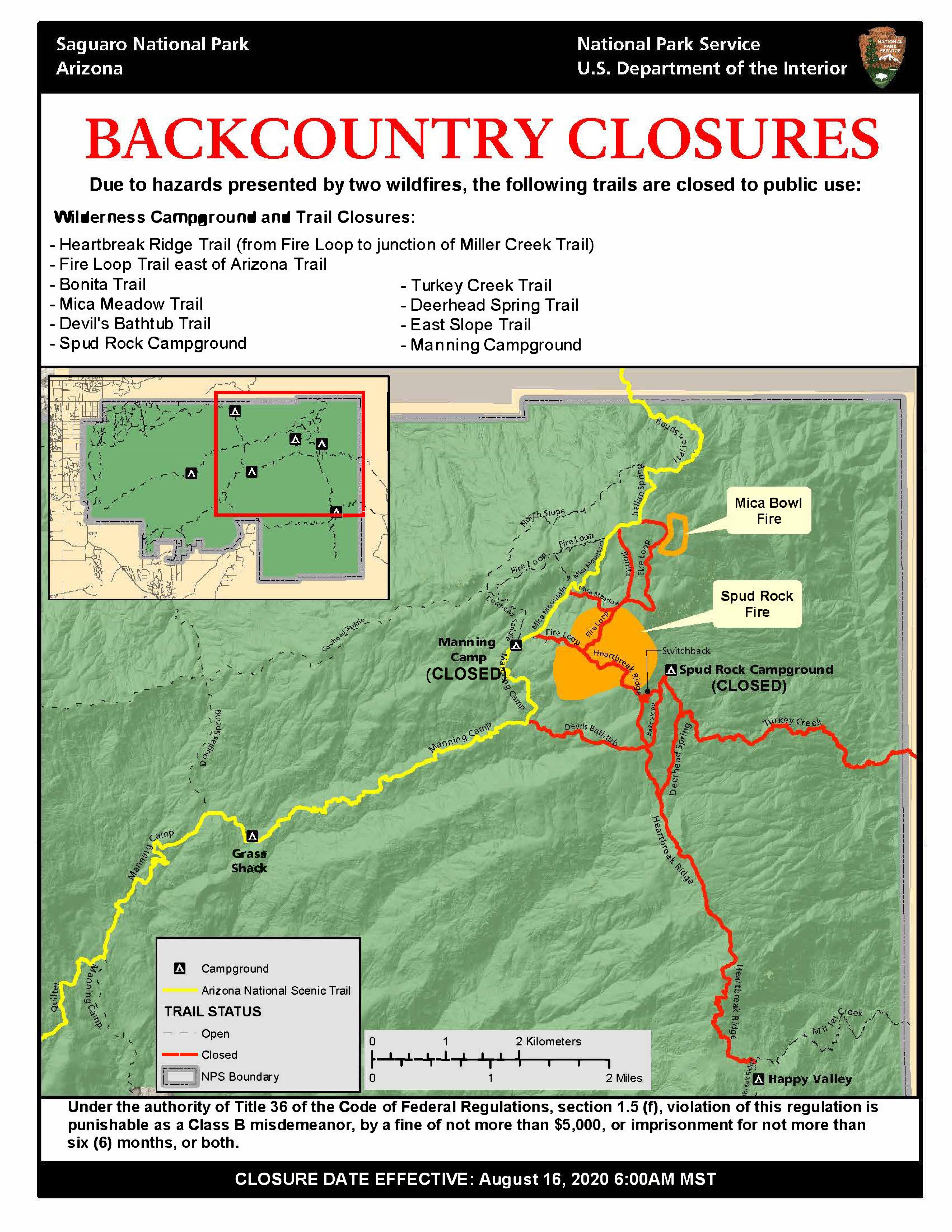 Updated graphic showing trail and campground closures due to August fires in the Rincon Mountain Disctrict