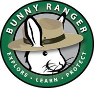 A logo of a bunny wearing a park ranger flat hat encircled by the text "Bunny Ranger, Explore, Learn, Protect