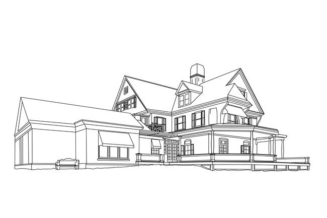 A traced image of Theodore Roosevelt's Home at Sagamore Hill, with black lines on a white background.
