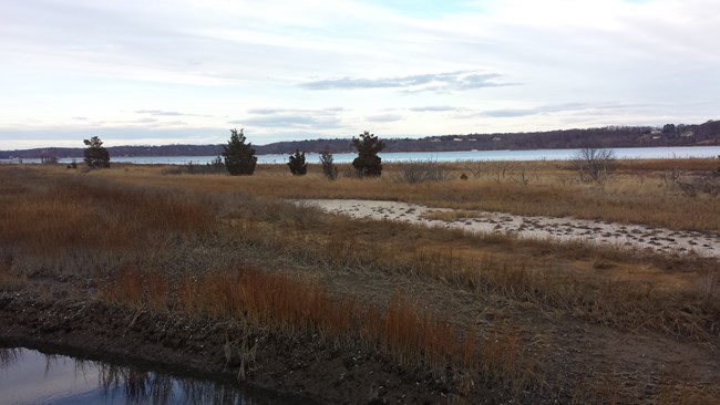 View of Cold Spring Harbor with the sand and marshes before it. View of Cold Spring Harbor with the sand and marshes before it.