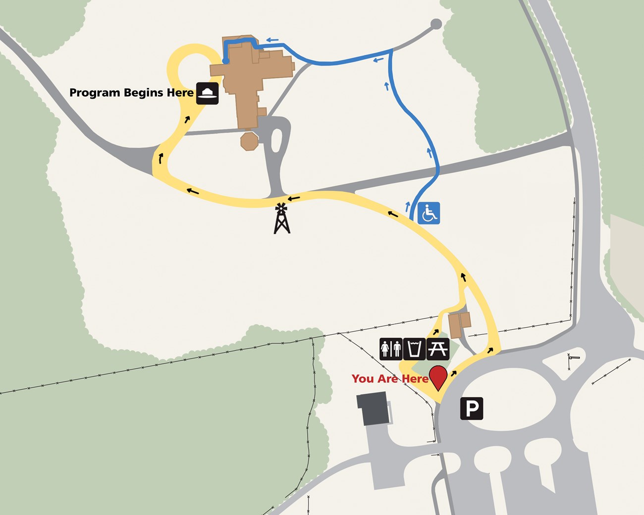 A map showing paths to the Roosevelt Home including a blue-highlighted accessibilty path.