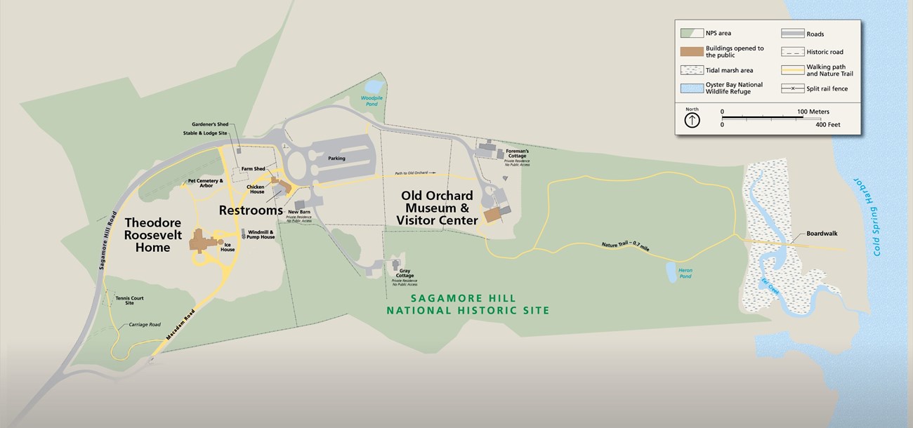 Map of Sagamore Hill NHS with Roosevelt Home, Restrooms, Old Orchard and Nature Trail.