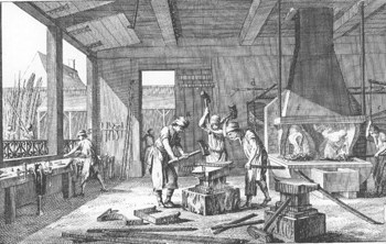 Three iron workers in a forge hammer iron on an anvil. A hearth is tended by a worker against wall behind them. Another worker organizes tools near window at left. Three iron workers in a forge hammer iron on an anvil. A hearth is tended by a worker against wall behind them. Another worker organizes tools near window at left.