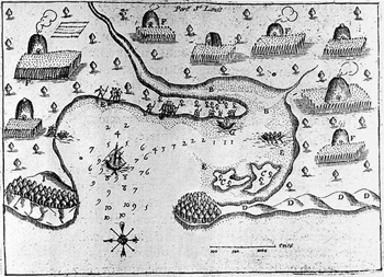 A map shows a river draining into Plymouth Harbor. Plots of farmland with tall crops and central structures surround the harbor. Sparse trees are near the farmland while dense forest is in a couple of places near the hilly coast. A map shows a river draining into Plymouth Harbor. Plots of farmland with tall crops and central structures surround the harbor. Sparse trees are near the farmland while dense forest is in a couple of places near the hilly coast.