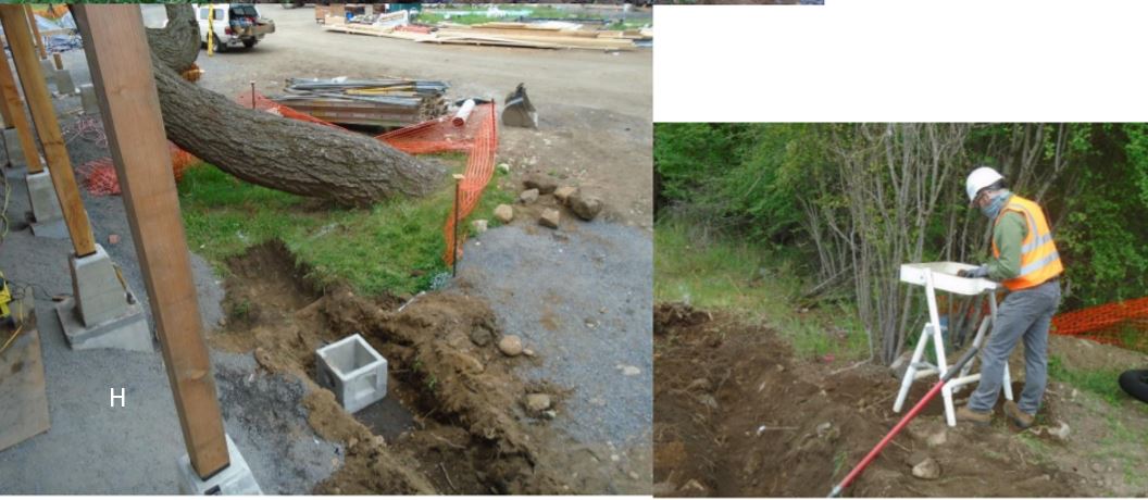 Two pictures, one showing storm drain line installation, and second showing archaeological monitor screening for artifacts