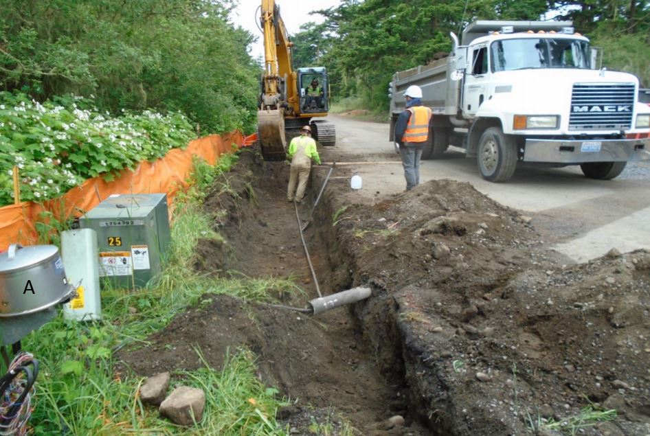 Main utility trench being excavated along new entry road