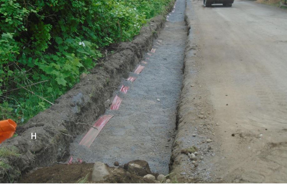 Utility trench backfilled after electric and fiber cables are laid Main trench entering the site now back filled and holding fiber optic cable and electricity service lines