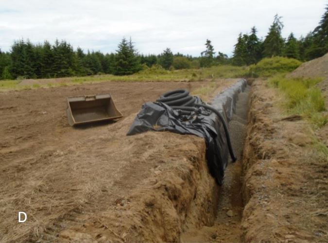 The leech field trench is lined and filled with gravel, ready for perforated drain pipe