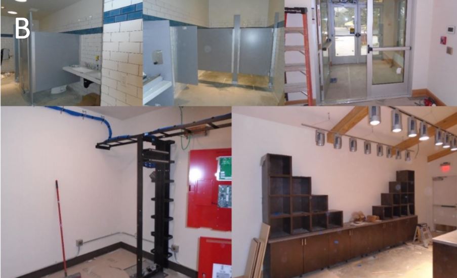 Finishing touches inside Collage showing finishing touches in bathrooms, bookstore, server room, and entryway