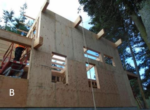 Rear elevation photo showing sheathing, and framed window holes