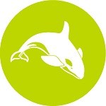 Green circle with silhouette of orca