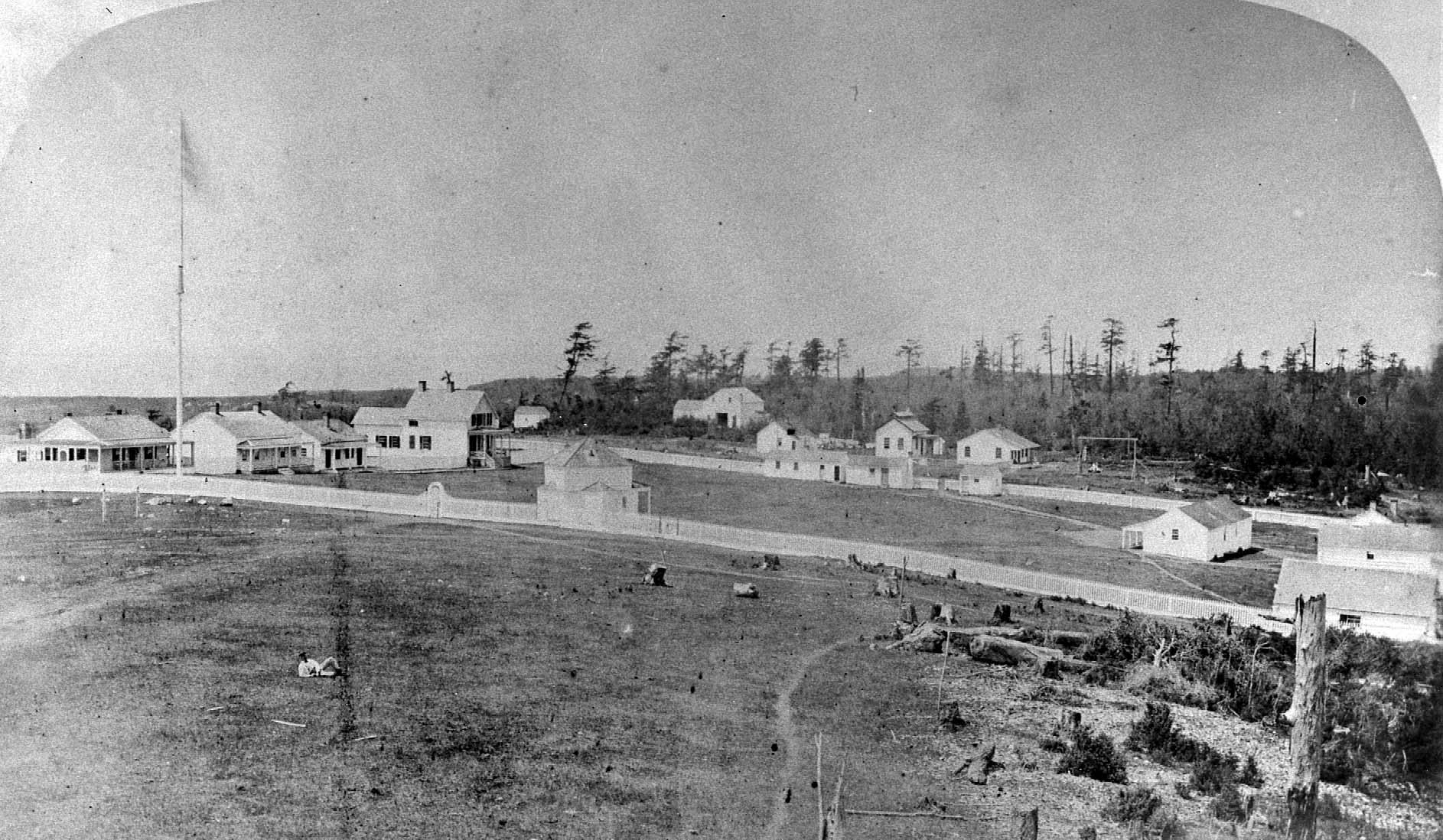 the American Camp parade ground area, circa 1868. The lone remaining building is the Officers' Quarters at far left.
