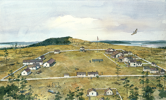 Painting of four groups of buildings connected by roads. At the center is a green area with soldiers in formation on it. In the center background is a tall American flag.