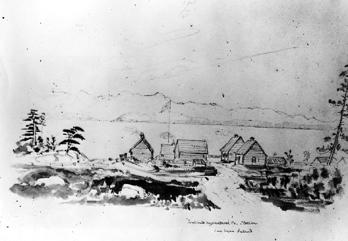 black and white  illustration of a group of five wooden buildings with a flag pole at the center. Behind the buildings is an open bay.