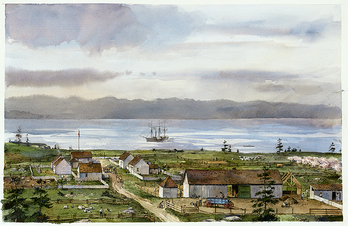 Watercolor painting  of a series of wooden buildings connected by dirt roads. In the background is a sheepfold. In the front is a sailing ship on the high seas. The sky is cloudy.
