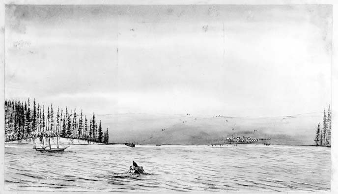 Black and white painting of a ship landing on a barren bay. There are other ships in the area