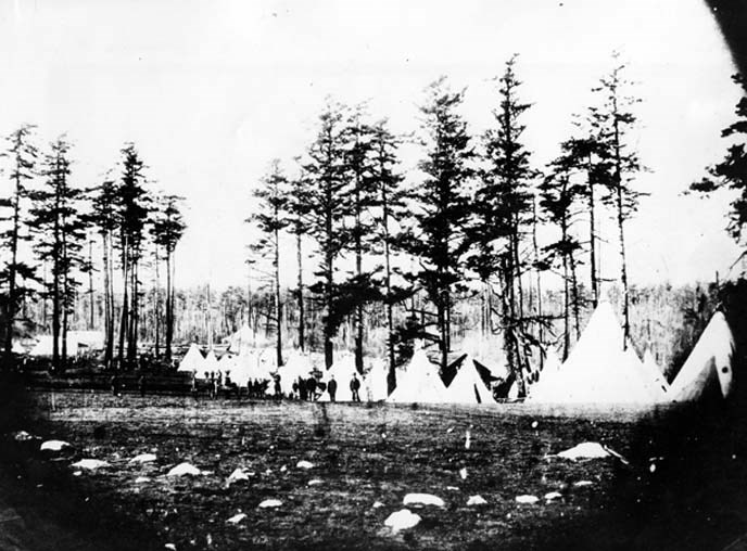 Black and white photograph of a group of soldiers standing in front of tents in front of large trees.