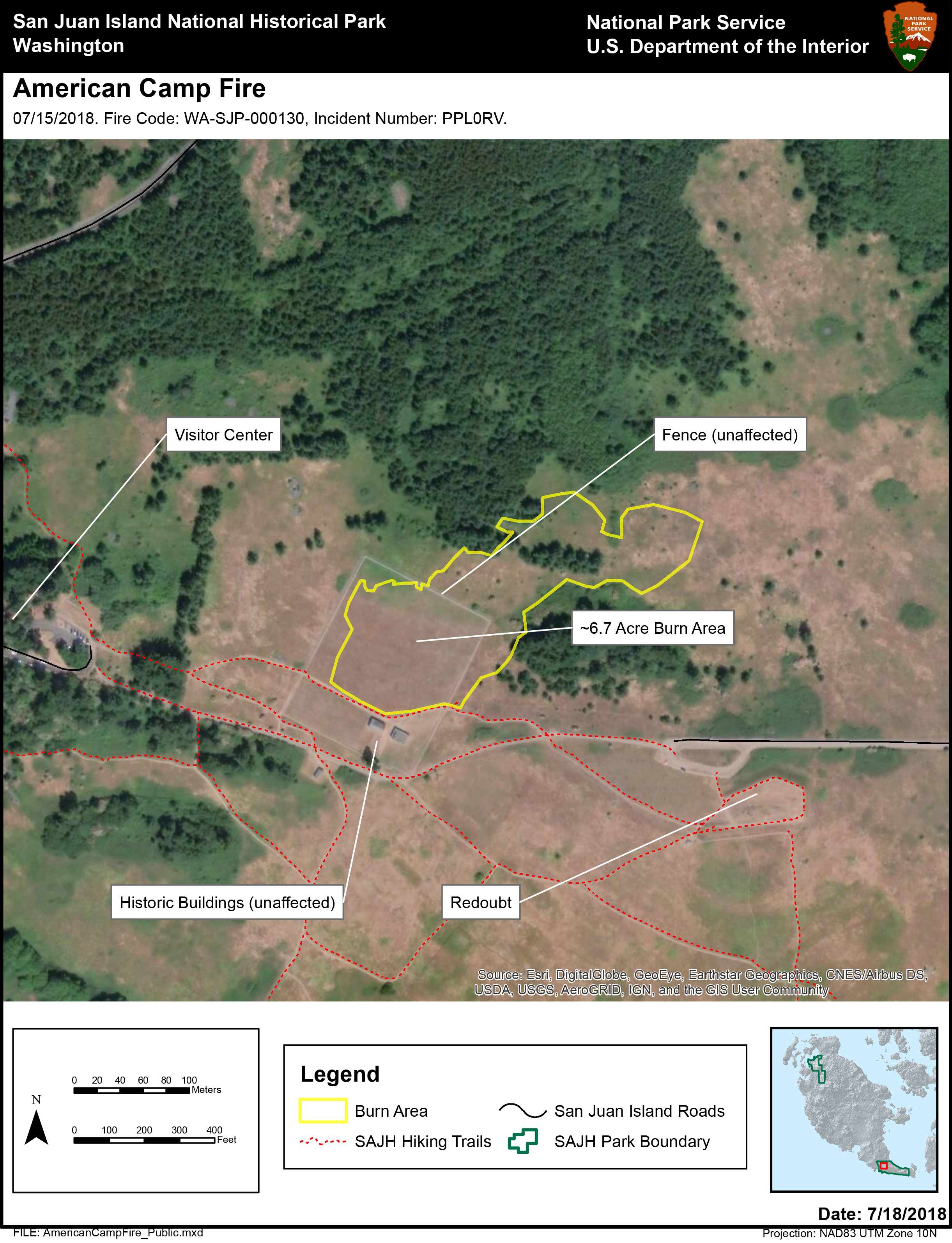 A map detailing the fire damage from the American Camp wildfire on July 15th