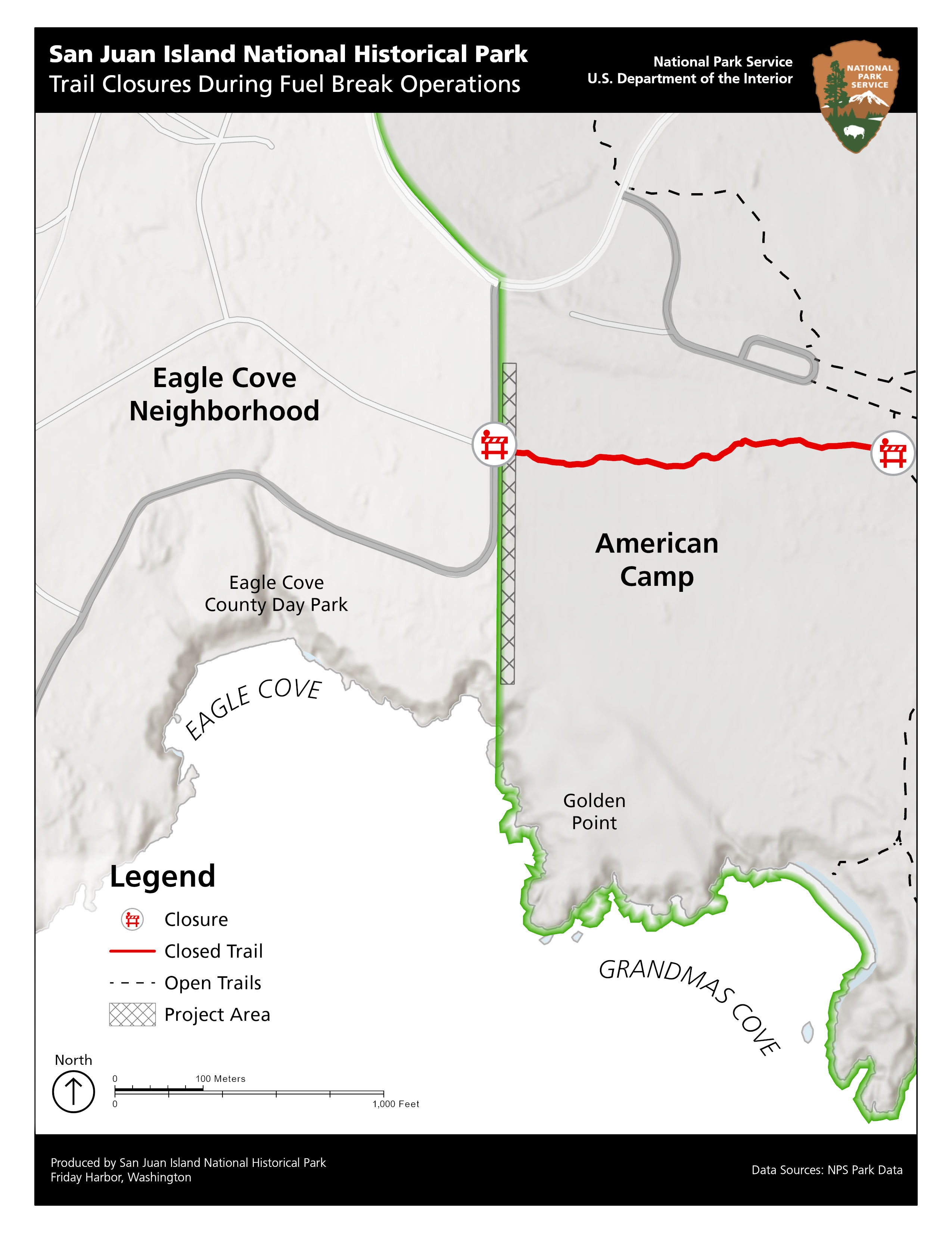 A map showing the trail closures between Eagle Cove and American Camp