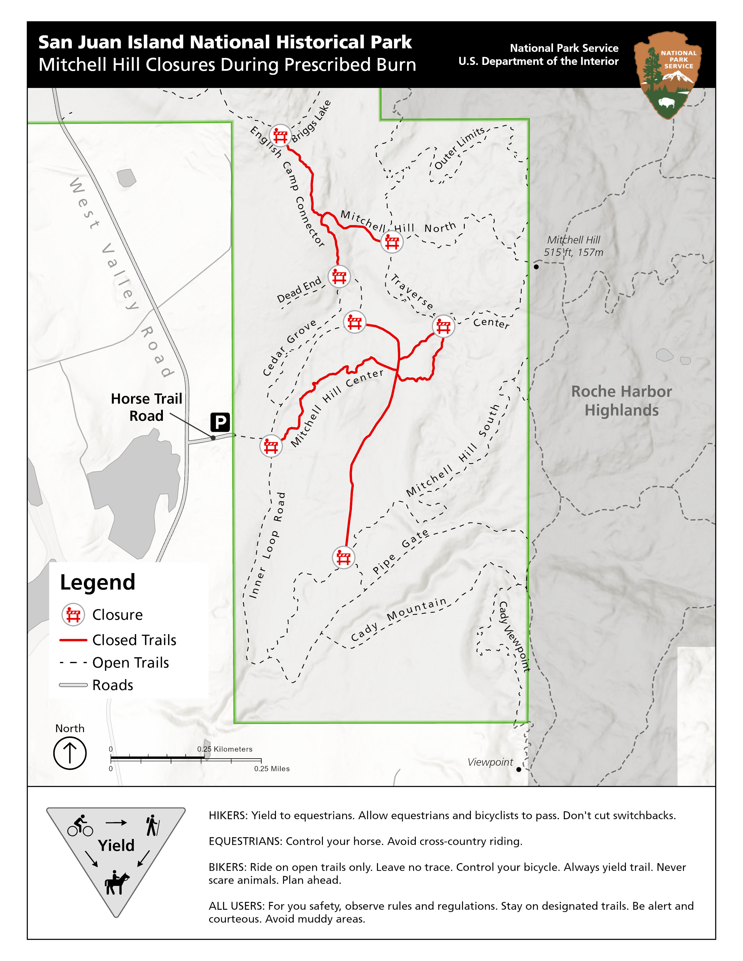 A map of the Mitchell Hill Trail Network highlighting trail closures