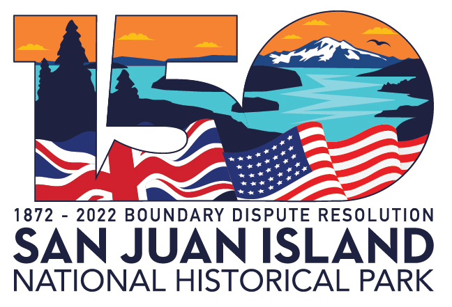 SAJH_150_logo_text-02 (1) Logo showing a snowy mountain viewed across the water and incorporating american and british flags and the number 150 and the words "San Juan Island National Historical Park"