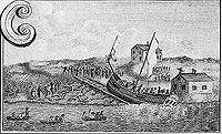 A vessel slides down the ways into Salem Harbor. A vessel slides down the ways into Salem Harbor.