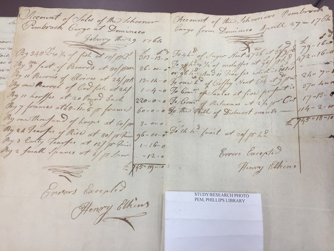 1764 Shipping Account An shipping document with a list of items and columns of numbers written by hand in cursive with ink.