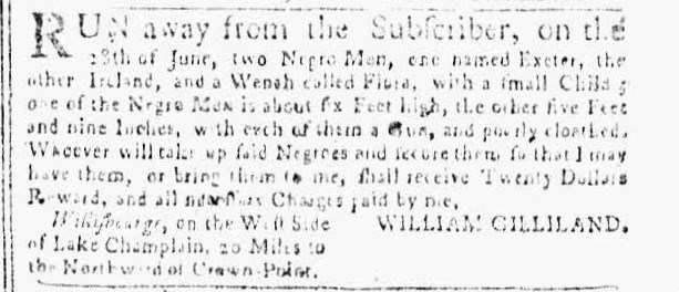 Black and white photocopy of 18th century newspaper ad.