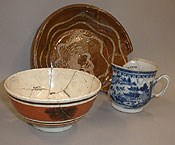 three dishes reassembled from fragments found in the archeological dig at the Narbonne House three dishes reassembled from fragments found in the archeological dig at the Narbonne House