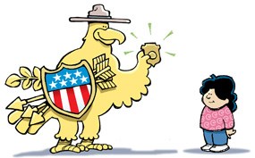 the cartoon junior ranger mascot, the gold eagle from the roof of the Salem Custom House, presenting a badge to a new Junior Ranger the cartoon junior ranger mascot, the gold eagle from the roof of the Salem Custom House, presenting a badge to a new Junior Ranger