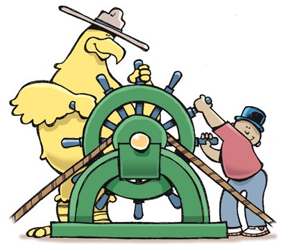 a cartoon of Eglantine the Custom House eagle at the ship's wheel along with a boy a cartoon of Eglantine the Custom House eagle at the ship's wheel along with a boy