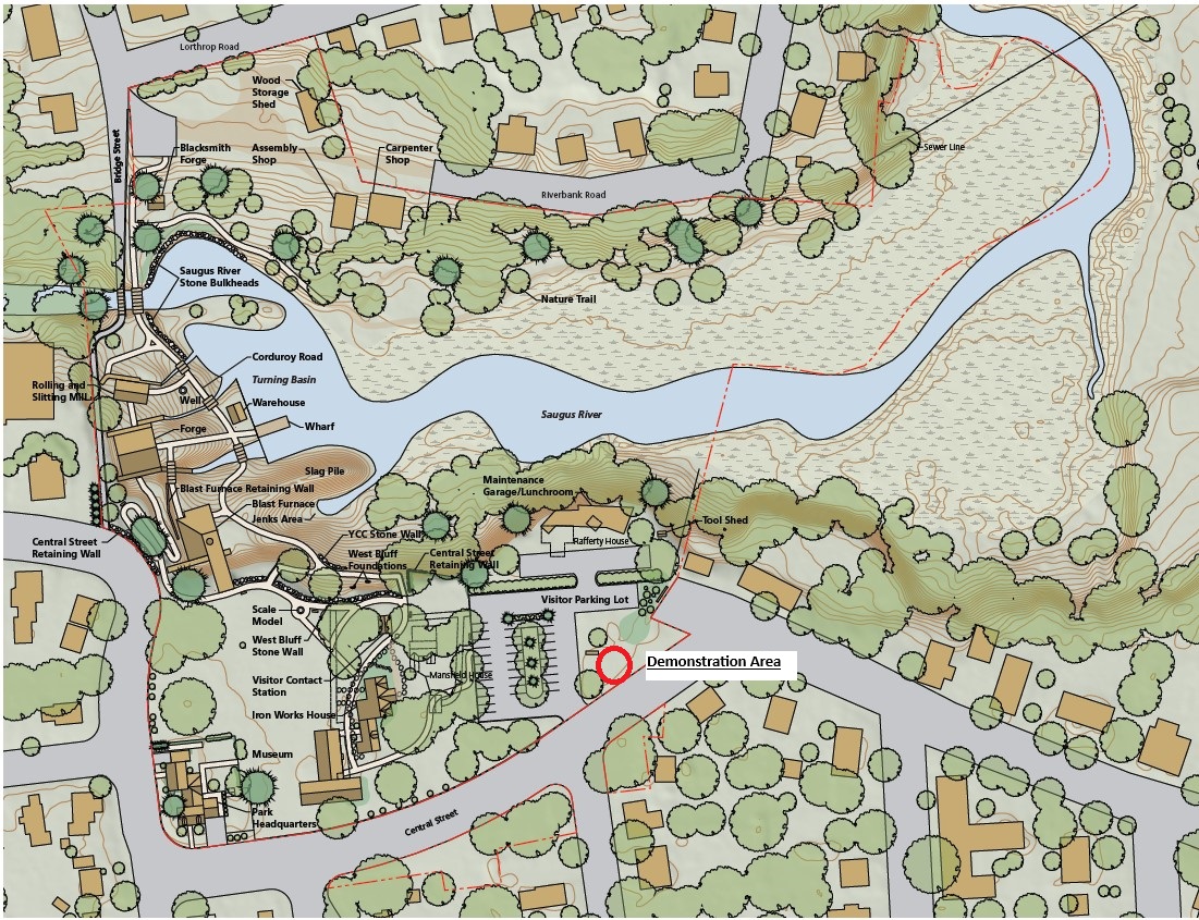 A map of Saugus Iron Works National Historic Site, including an outlined section near the flagpole for public assemblies and meetings