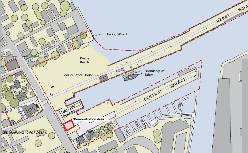 A map of Salem Maritime National Historical Park, including an outlined section near the Forrester Foundation for public assemblies and meetings