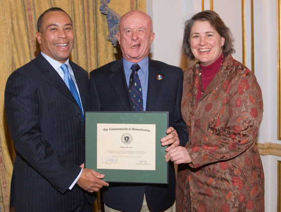Friendship captain James Fox accepting award from Massachusetts Governor Deval Patrick and North of Boston Convention and Visitors Bureau Director Julie McConchie