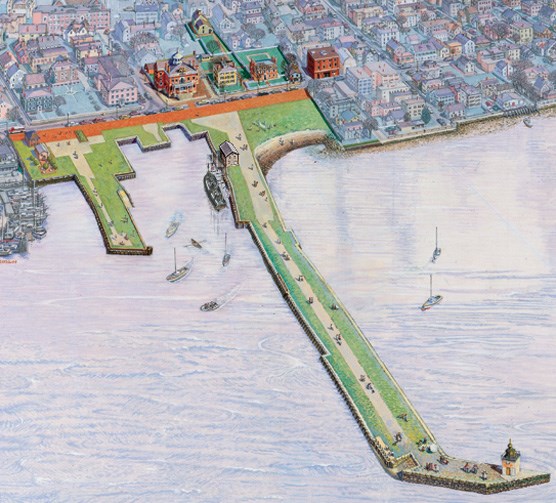 Painting of an aerial view of Salem Maritime