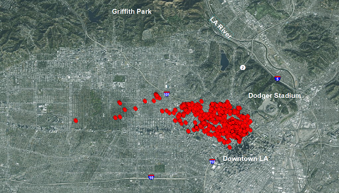 Above, C-144’s recorded GPS locations from May to late September 2015. C-144 spent most of her time in the Westlake neighborhood just west of downtown LA. | Image: National Park Service