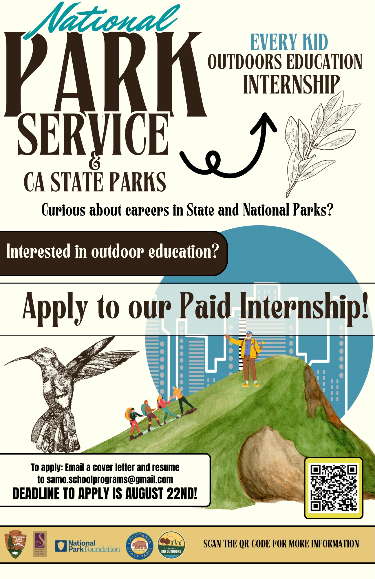 Flier with text about EKO internship, images include line drawing of plant, hummingbird and person leading a group of kids on a hike up a hill with Los Angeles in the background.