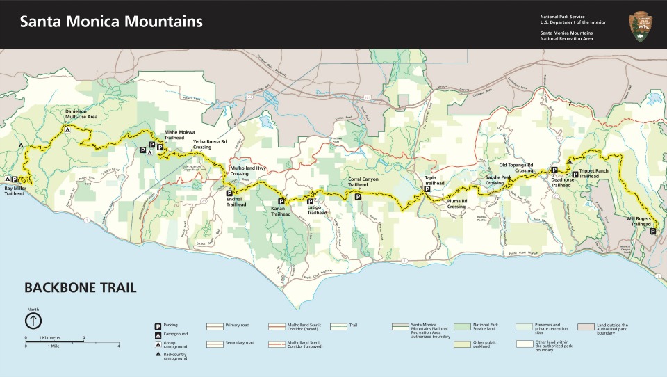 Map of the 67-mile Backbone Trail stretching through the Santa Monica Mountains.