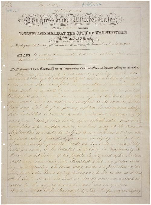 The Homestead Act of 1862 created land opportunities for many individuals living in the United States. This image shows the original document.