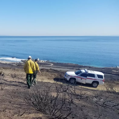 two firefighters walking through a burned area post-fire with views of a coastline