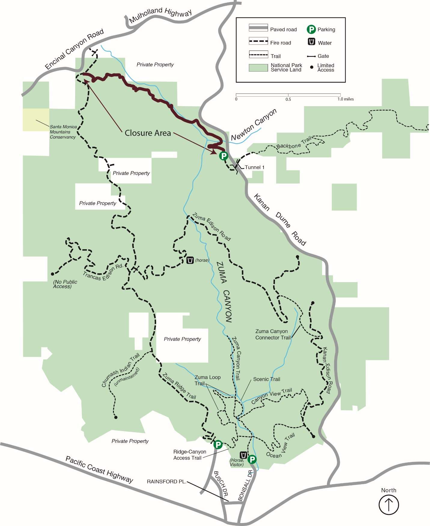 Overhead view of Zuma Canyon with the Backbone Trail with specific locations marked where the trail will be closed about three quarters of a mile into the trail from Kanan Road.
