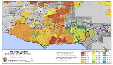 Time since last fire map for greater Santa Monica Mountains area