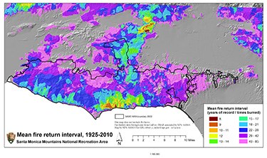 Mean fire return interval, 1925 - 2010, map for Santa Monica Mountains National Recreation Area