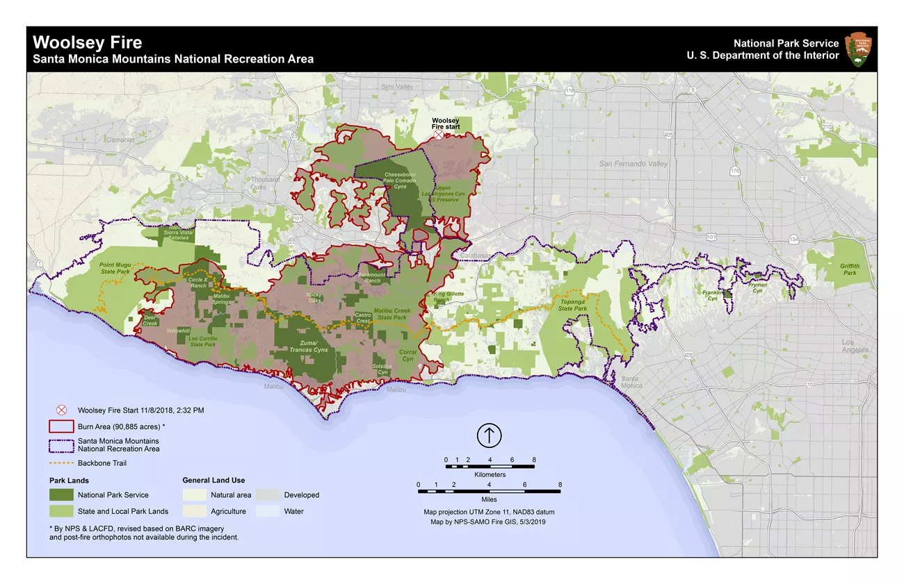 a map of the entire Santa Monica Mountains region with outlines for burn areas during the Woolsey Fire