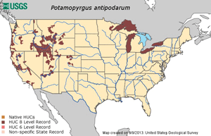 This map shows locations of invasive New Zealand Mudsnails.