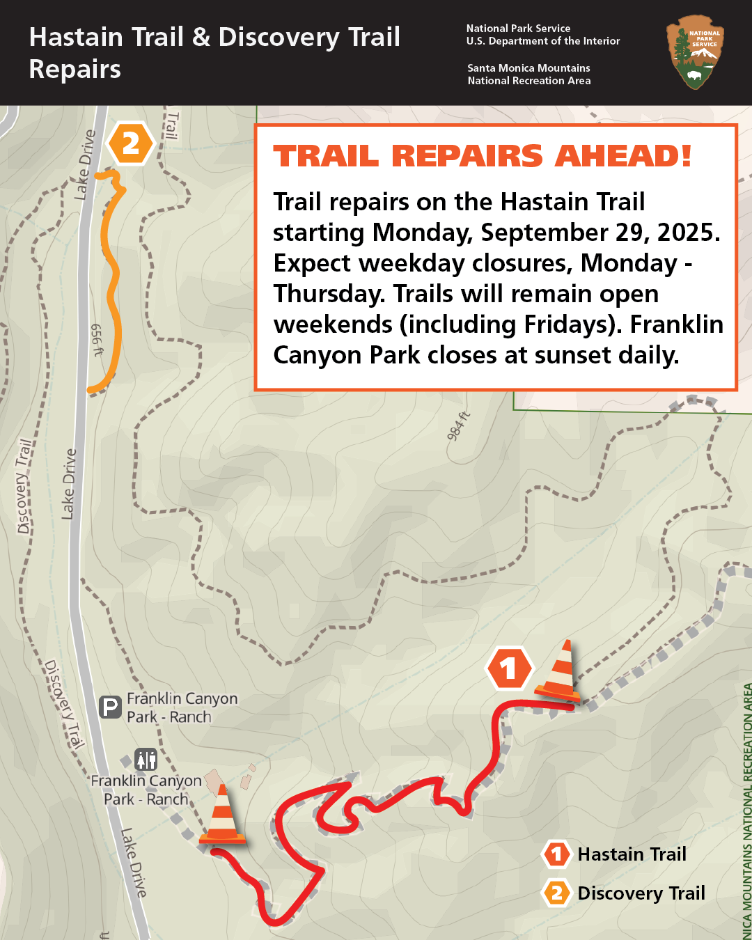 Map of Franklin Canyon. Red and orange lines highlight trail repairs on Hastain and Discovery Trails