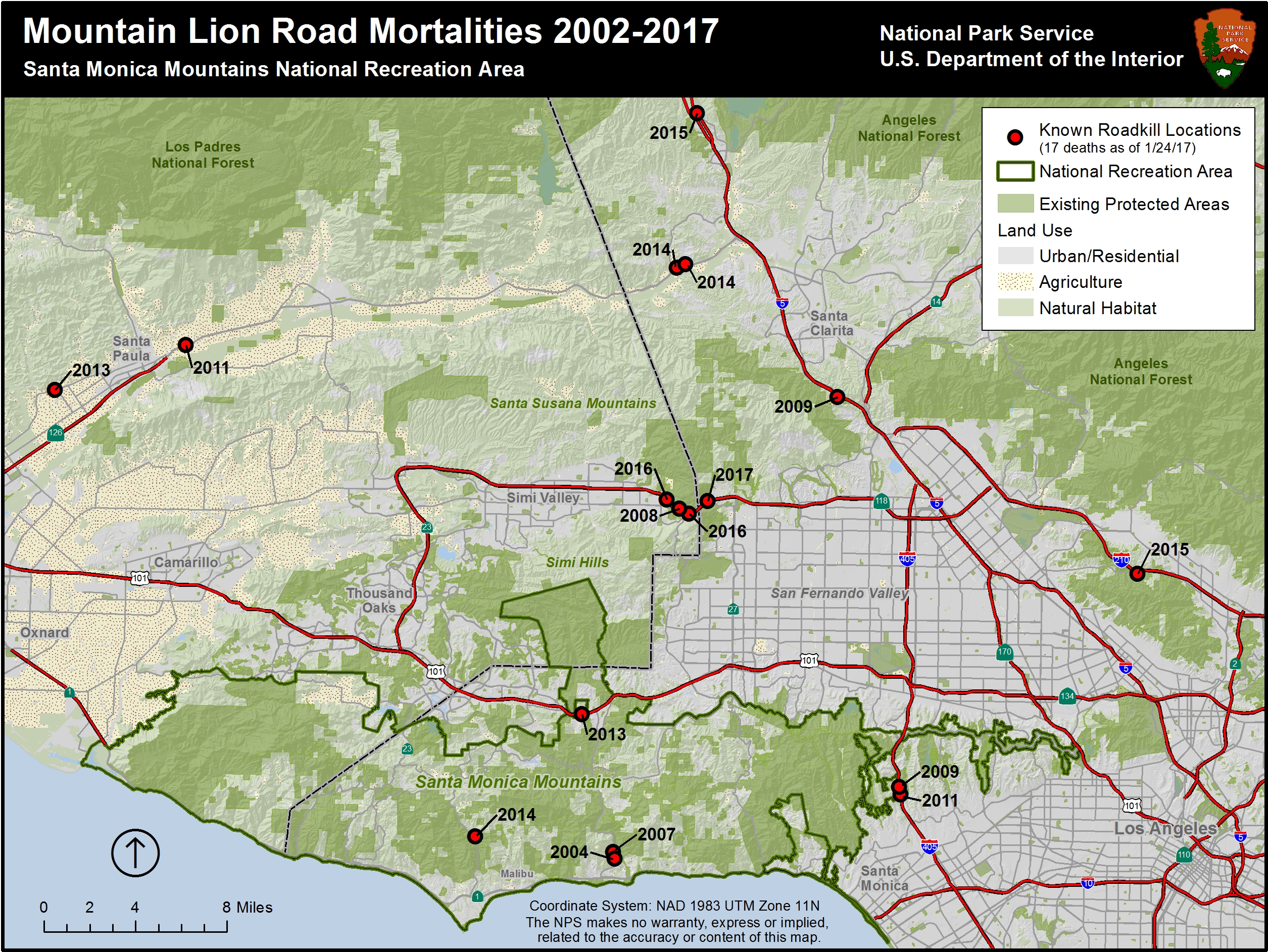 Map of locations where mountains lion have been struck by vehicles