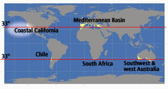 The Mediterranean Type Climate zone lies between the 30 and 40 degree parallels.