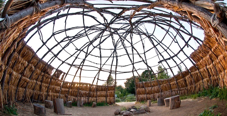 Looking up from within a traditional Chumash wood structure Looking up from within a traditional Chumash wood structure